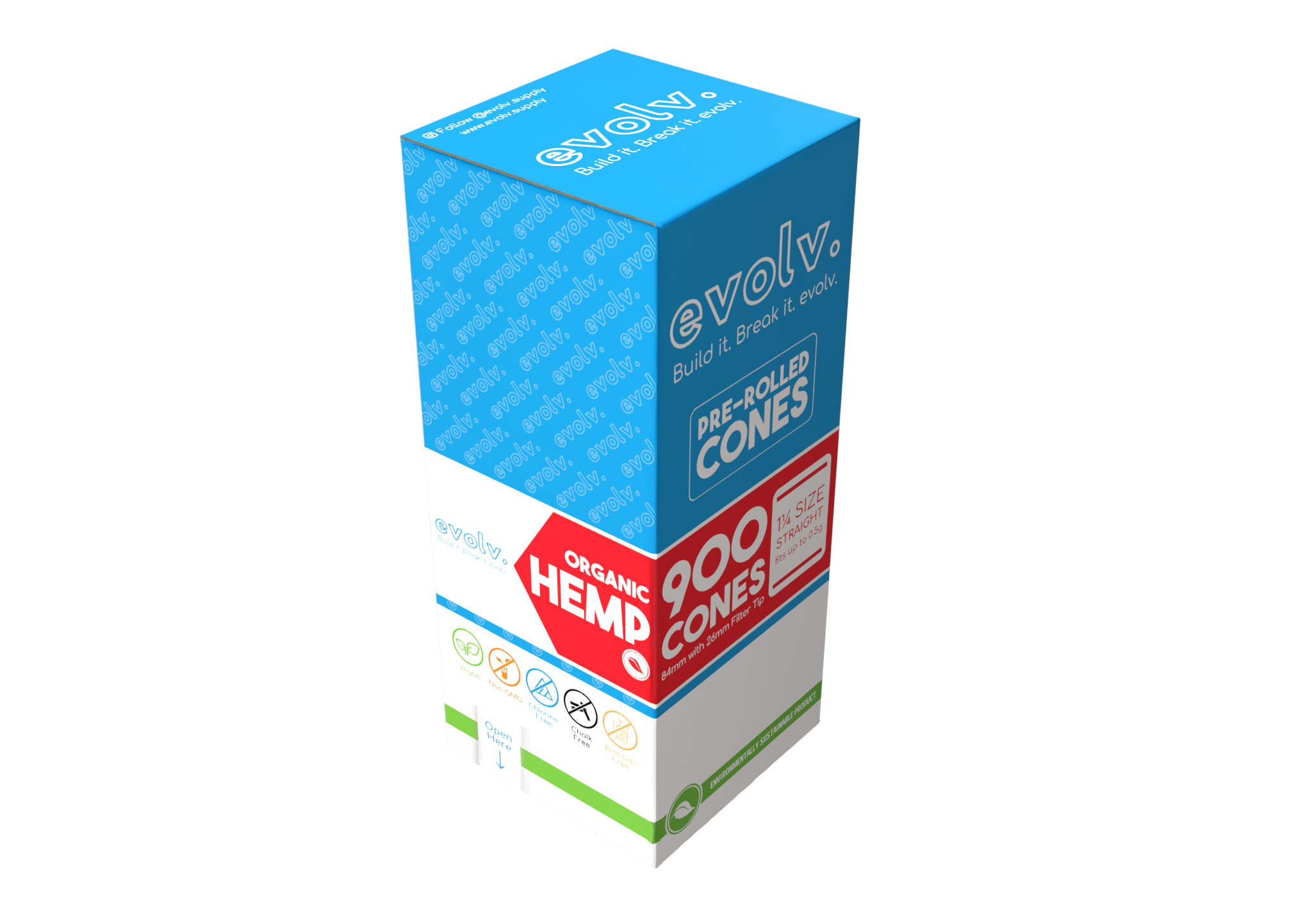 EVOLV Organic Hemp Pre-Rolled Cones | 1 1/4 Straight Size: 84mm/26mm | Slender | 900/Pack