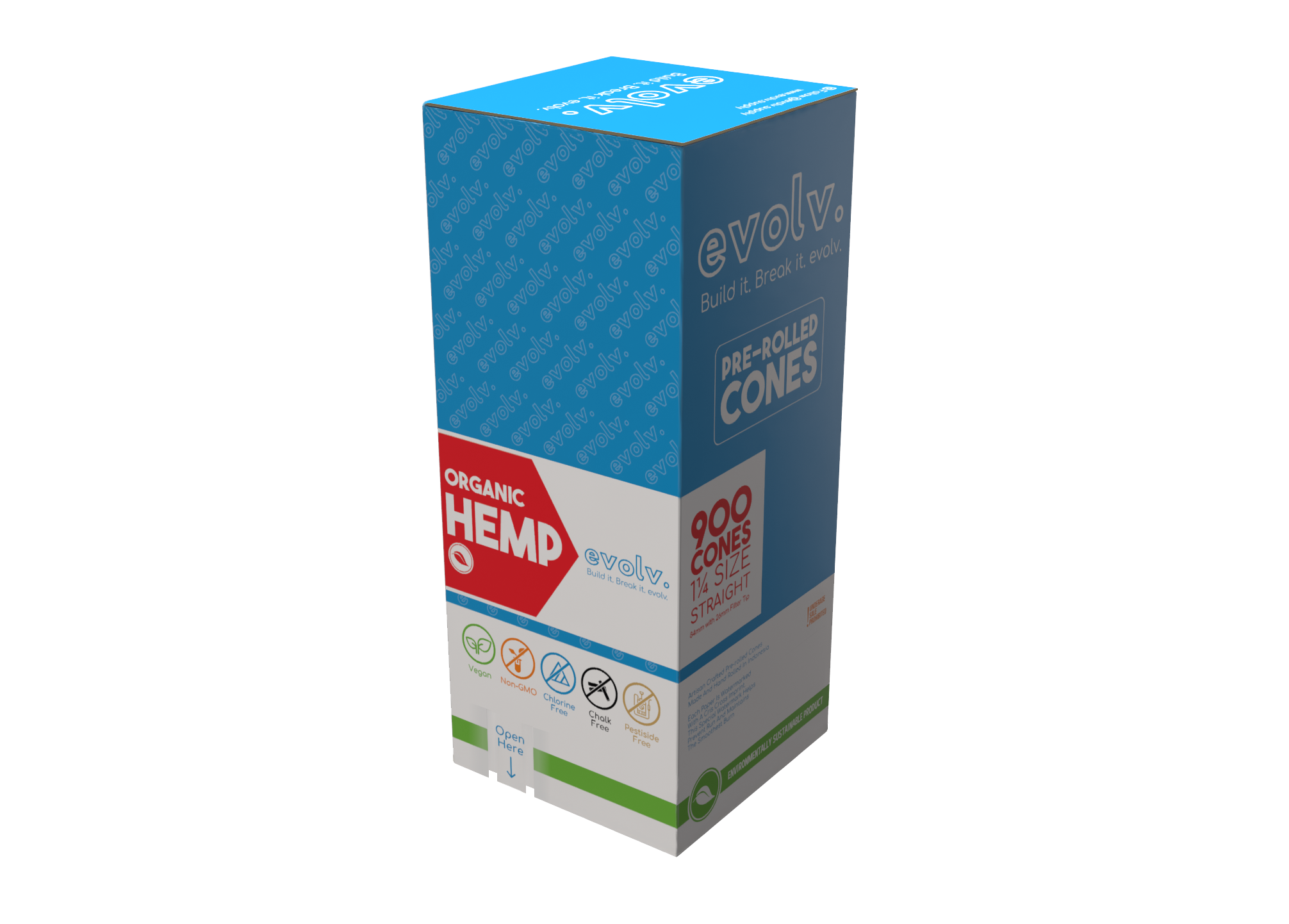 EVOLV Organic Hemp Pre-Rolled Cones | 1 1/4 Straight Size: 84mm/26mm | Slender | 900/Pack