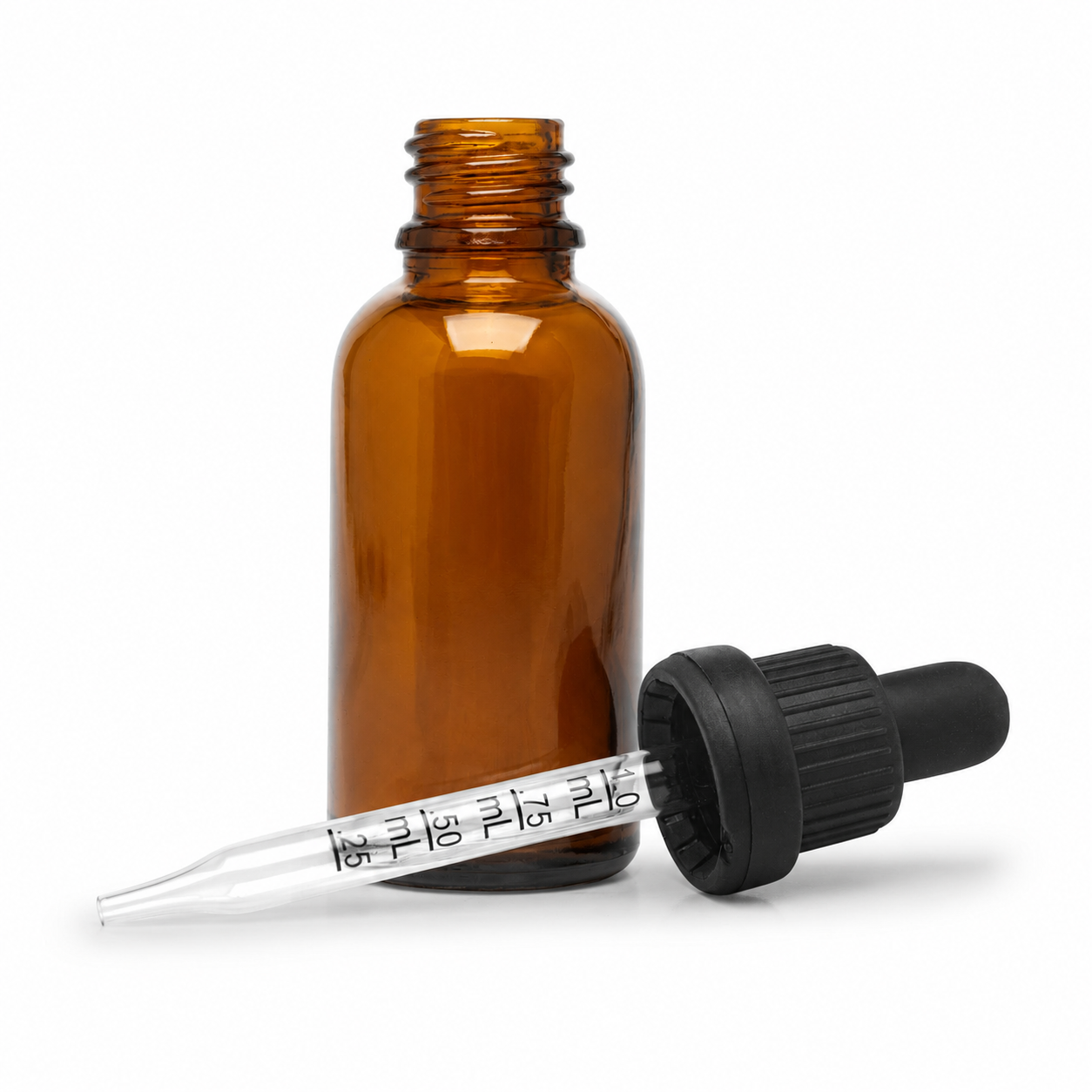 30ml Glass Dropper Bottles w/Measurements & Tamper Proof Lid | Amber Bottle & Black Cap