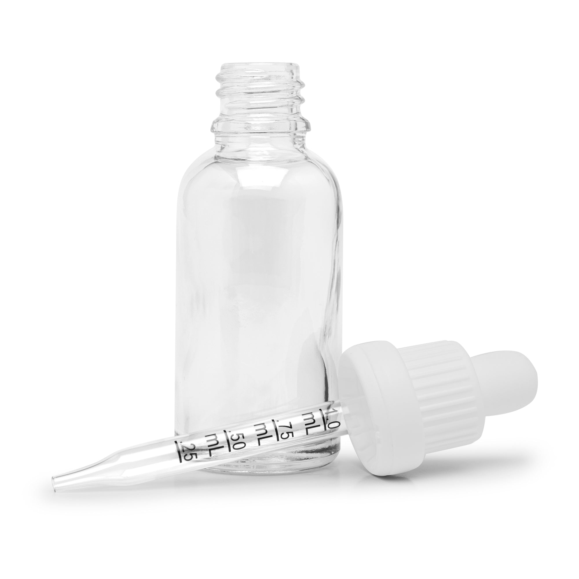 30ml Glass Dropper Bottles w/Measurements & Tamper Proof Lid | Clear Bottle & White Cap