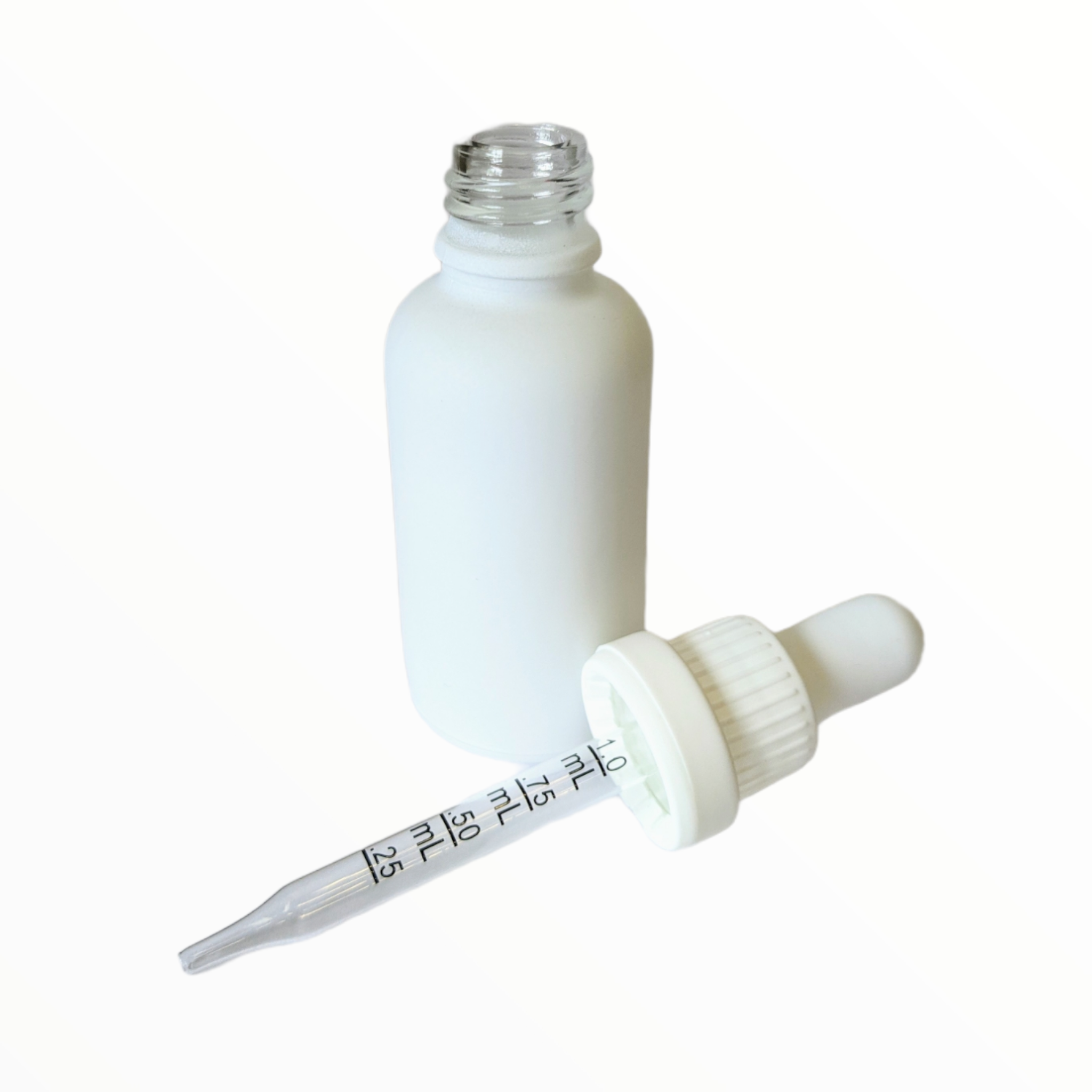 30ml Glass Dropper Bottles w/Measurements & Tamper Proof Lid | Matte White Bottle & White Cap