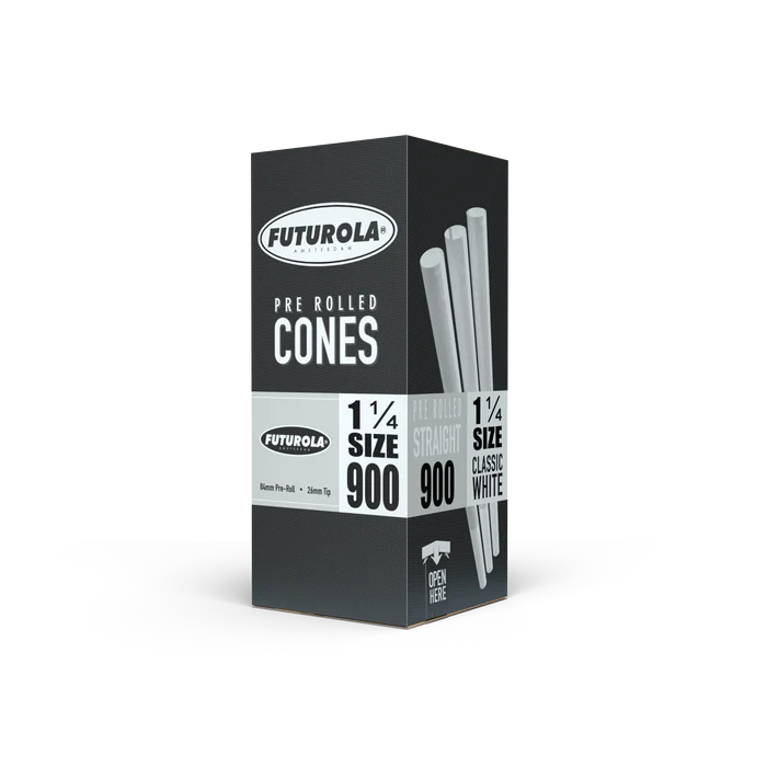 Futurola Classic White Pre-Rolled Cones | 1 1/4 Straight Size: 84mm/ 26mm | Slender | 900/Pack | No Logo Tip