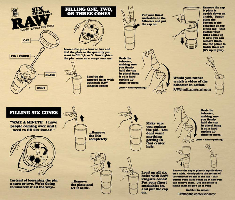 RAW Six Shooter | King Size Variable Quantity Cone Filler Device | Fills 1,2,3, or 6 Cones at a Time!