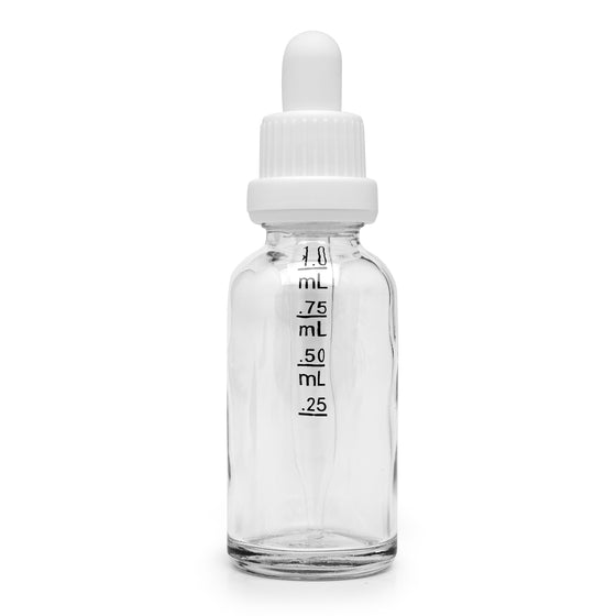 30ml Glass Dropper Bottles w/Measurements & Tamper Proof Lid | Clear Bottle & White Cap