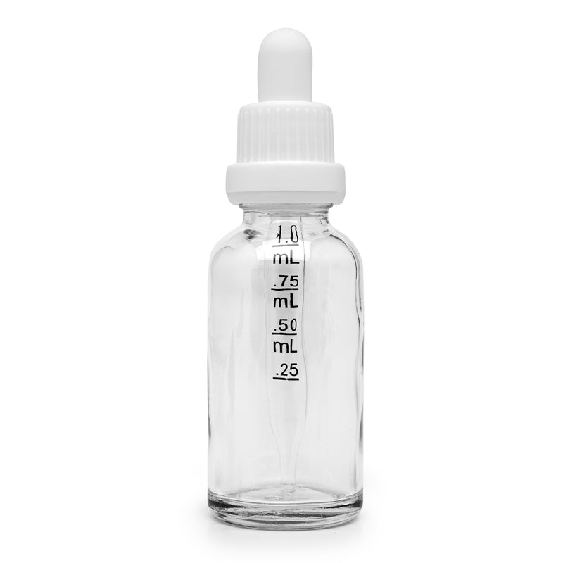 30ml Glass Dropper Bottles w/Measurements & Tamper Proof Lid | Clear Bottle & White Cap