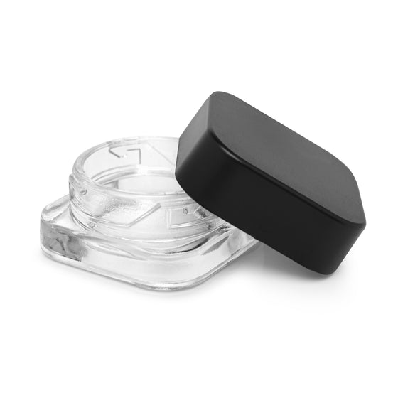 5ml Cube Glass Shoulderless Screw Top Jars w/ Child Resistant Lid (Clear Glass, Black Lid)