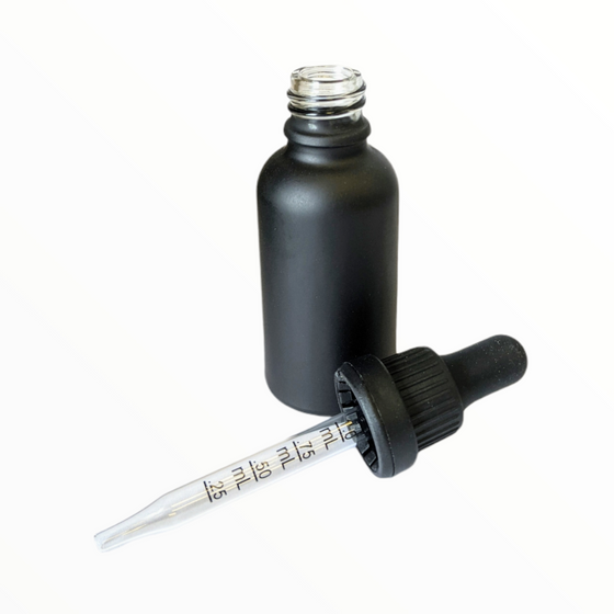 30ml Glass Dropper Bottles w/Measurements & Tamper Proof Lid | Matte Black Bottle & Black Cap